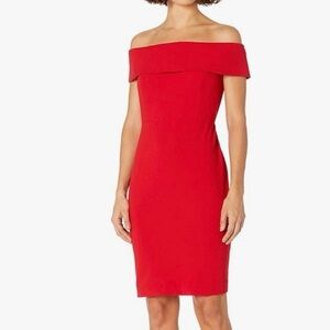 Red Calvin Klein Off the Shoulder Sheath Cocktail Dress